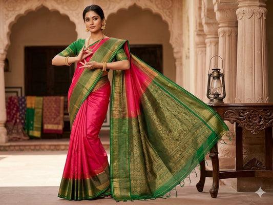 NVDHSS033- LIGHT PINK AND GREEN MEICHERY DOBBY SILK SAREE