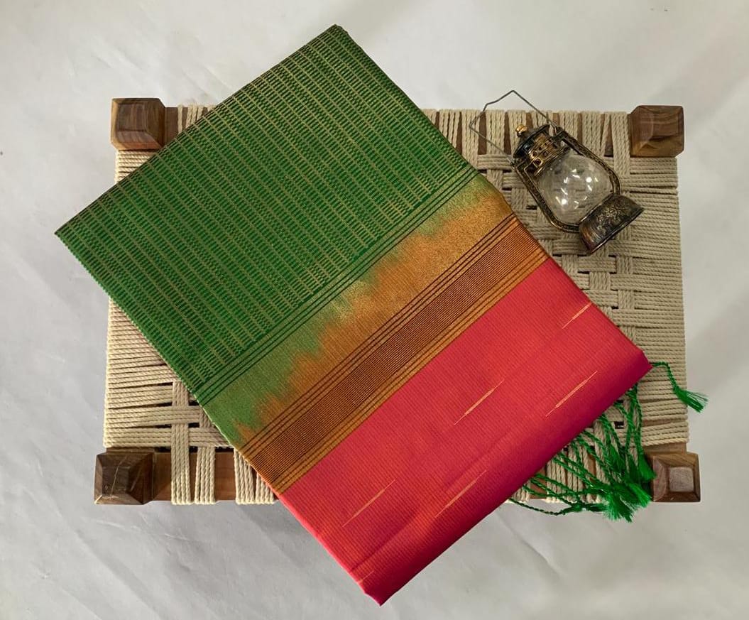 NVDHSS033- LIGHT PINK AND GREEN MEICHERY DOBBY SILK SAREE