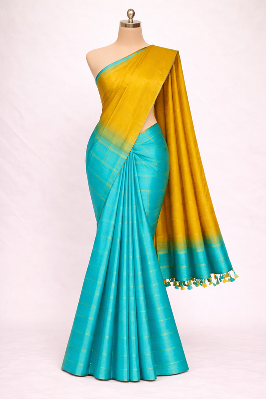 NVJSDS041-Aqua Blue (Peacock Blue Tone) with Gold Checks (Kattam Design)