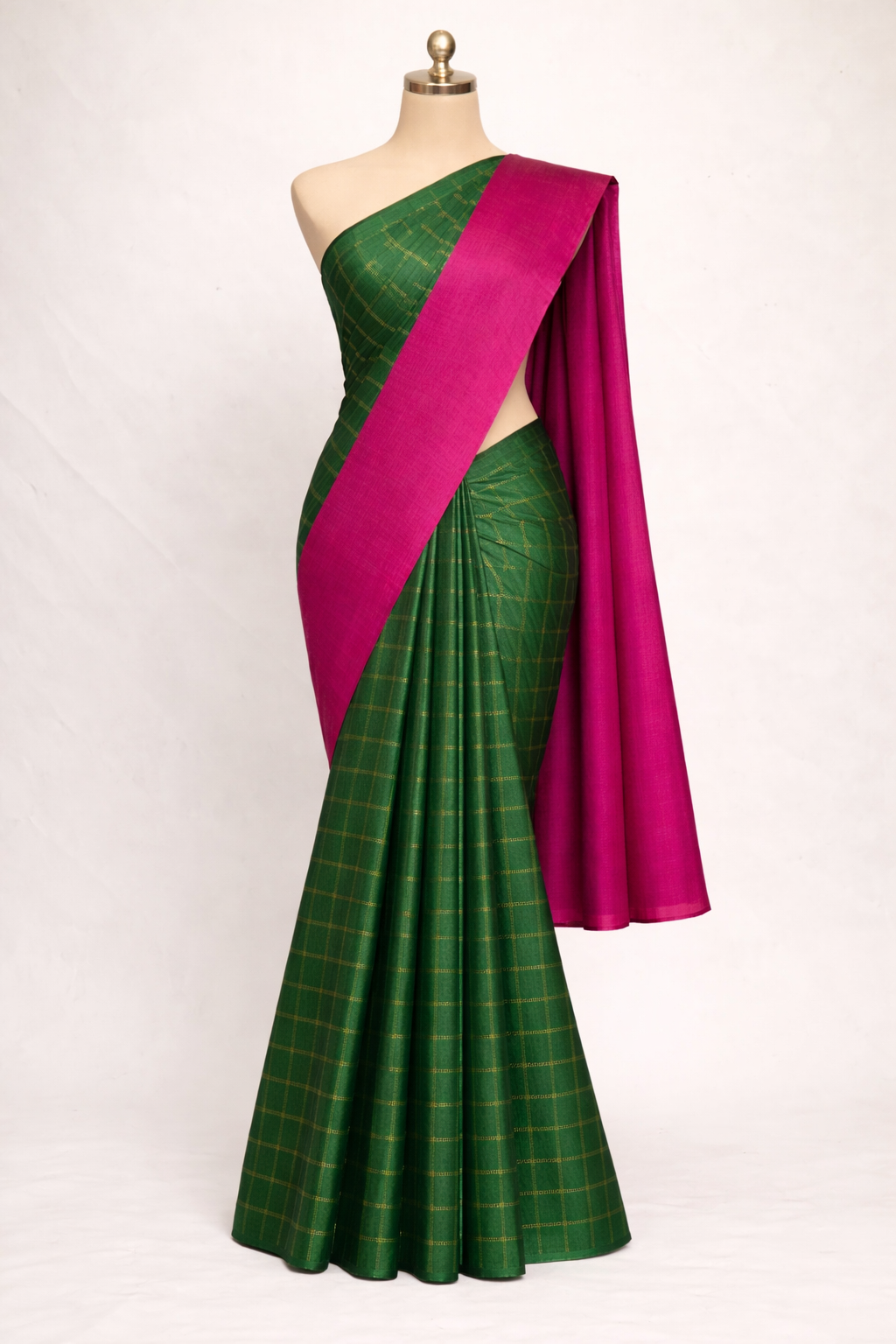 NVDHDSS038- DARK GREEN CHECKED DOBBY SILK SAREE