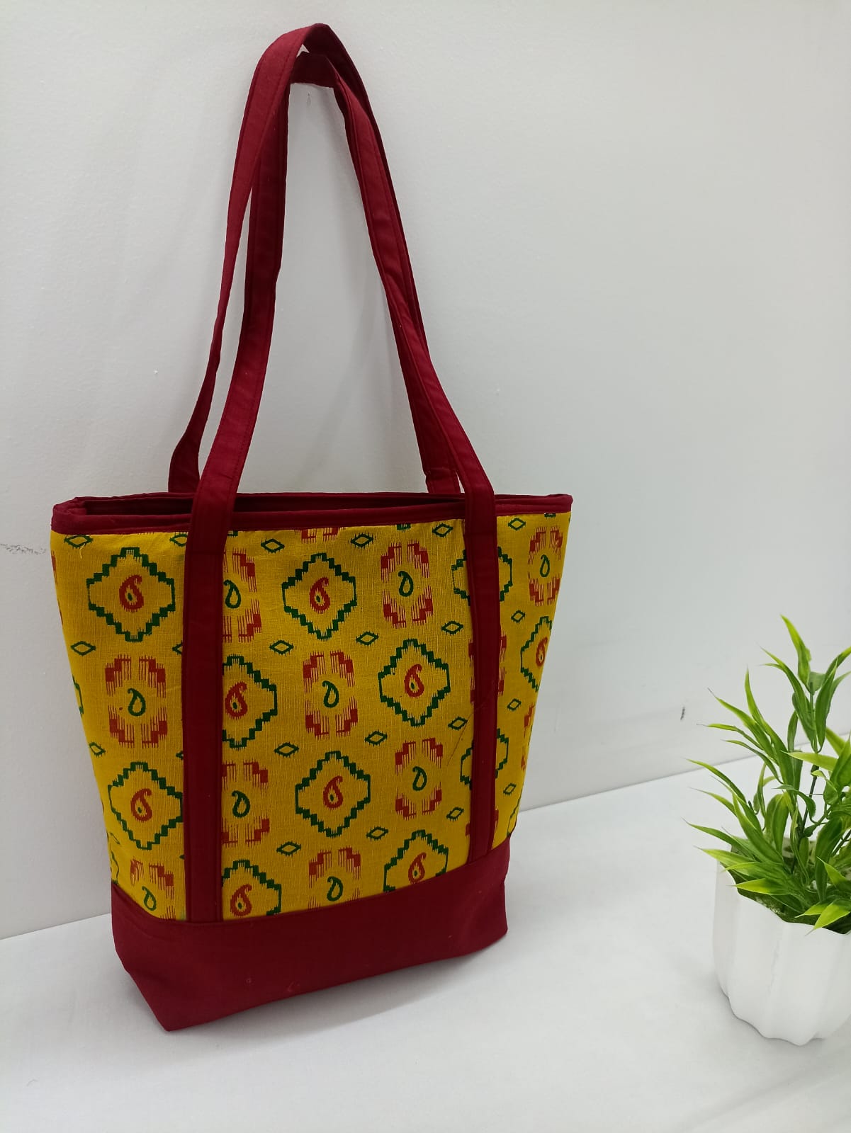 Yellow Maroon Jute Bag