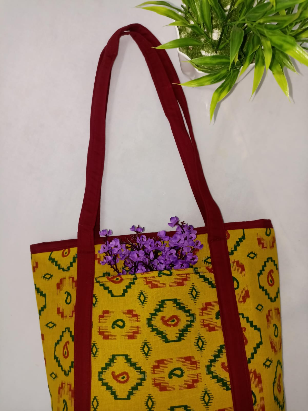 Yellow Maroon Jute Bag