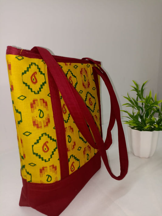 Yellow Maroon Jute Bag