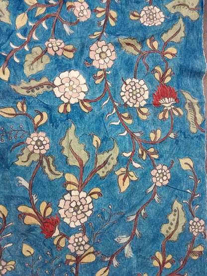 NVKS008-Sea Blue Color With Multicolorful Flower Blossom Kalamkari Material- 1.5meters