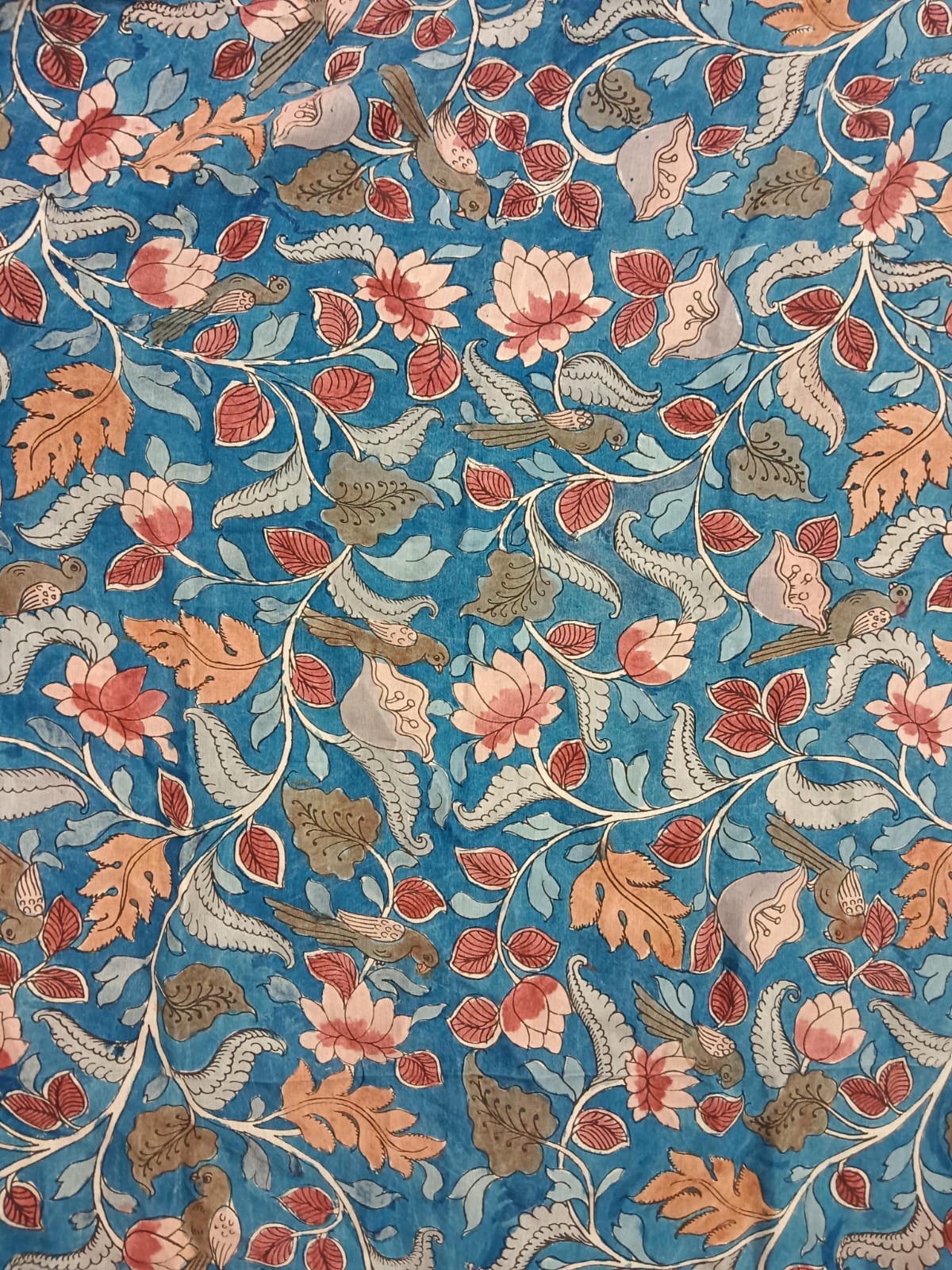 NVKS010-Greenish Blue Color With Multicolorful Flower Blossom Kalamkari Material- 3meters