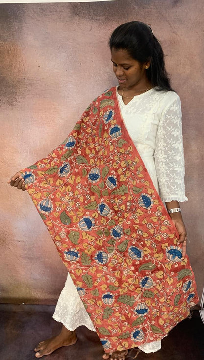 NVKS004- Persian Orange Color With Blue Color Blossom Flowers Kalamkari Material- 1.5meters