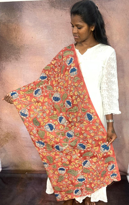 NVKS004- Persian Orange Color With Blue Color Blossom Flowers Kalamkari Material- 1.5meters