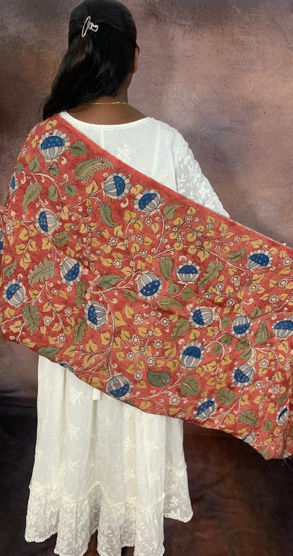 NVKS004- Persian Orange Color With Blue Color Blossom Flowers Kalamkari Material- 1.5meters