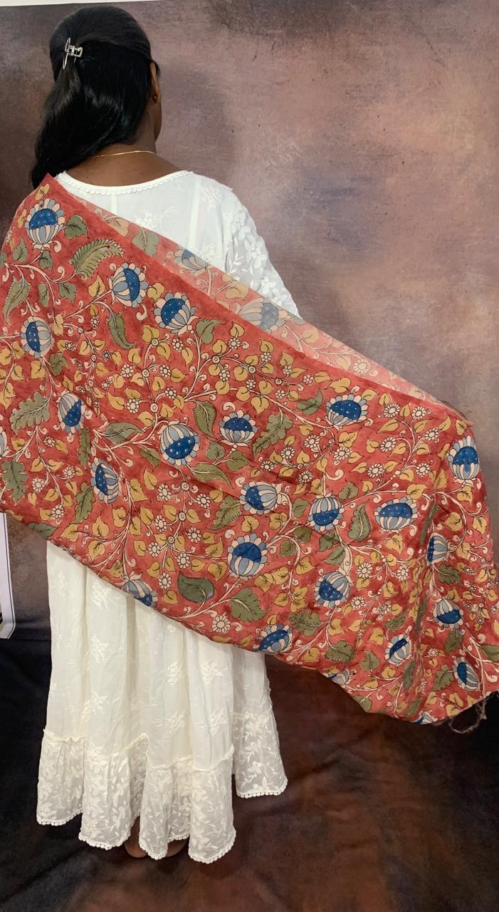 NVKS004- Persian Orange Color With Blue Color Blossom Flowers Kalamkari Material- 1.5meters