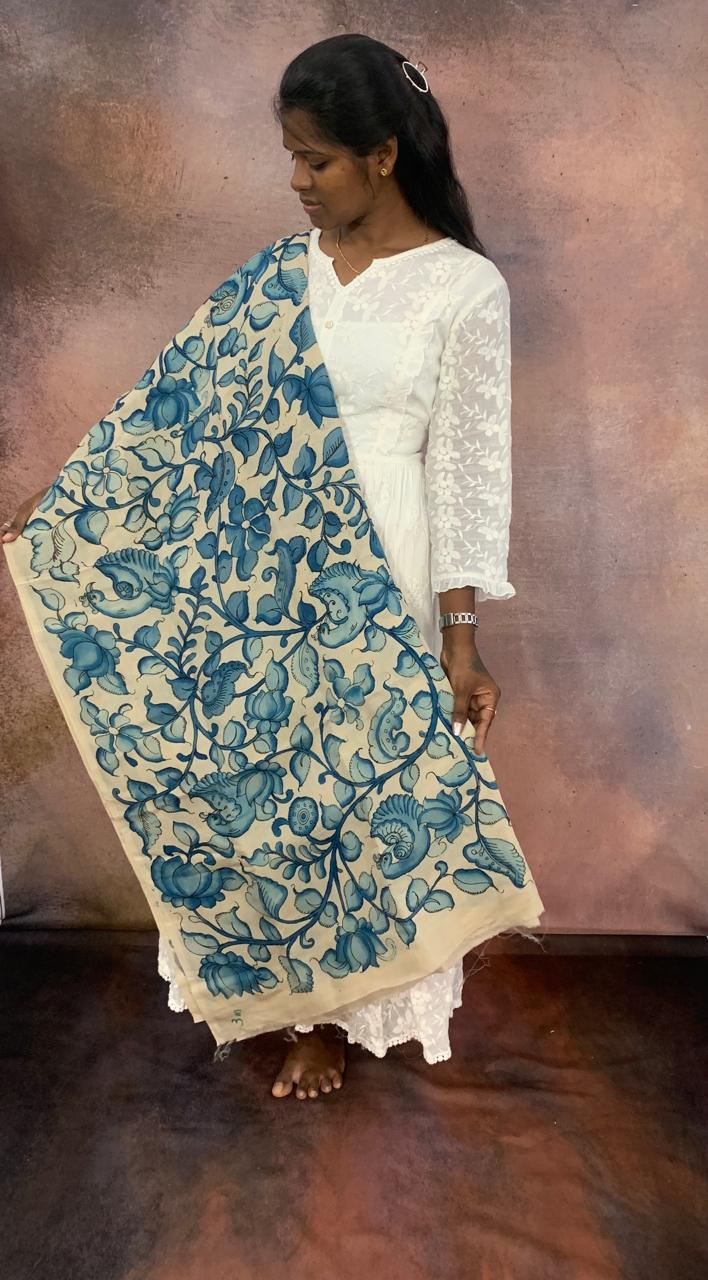 NVKS006-White Color Fabric With Sky Blue Color Duck Climbing With Flower Blossom Kalamkari Material- 3meters