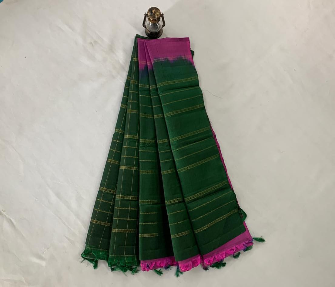 NVDHDSS038- DARK GREEN CHECKED DOBBY SILK SAREE