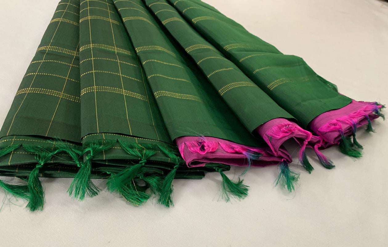 NVDHDSS038- DARK GREEN CHECKED DOBBY SILK SAREE