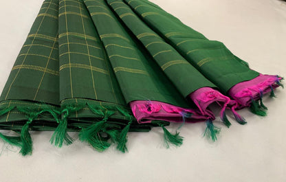 NVDHDSS038- DARK GREEN CHECKED DOBBY SILK SAREE