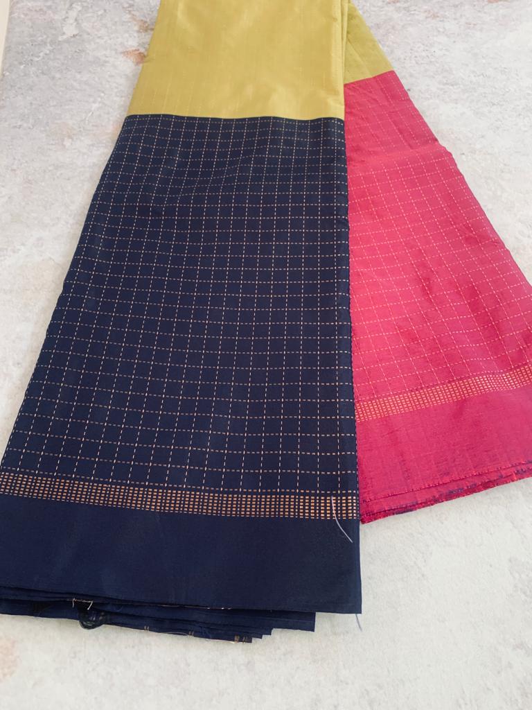 Noil Silk Checked Border sarees navy blue color