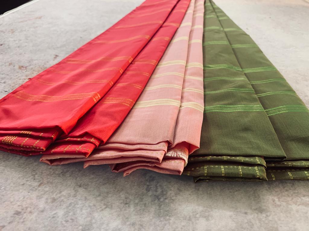 Noil Silk Checked Border sarees olive green color