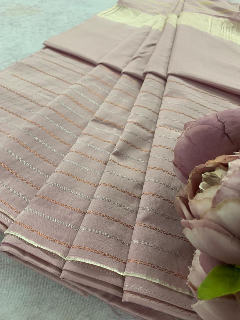 Noil Silk Line Sarees - Baby pink