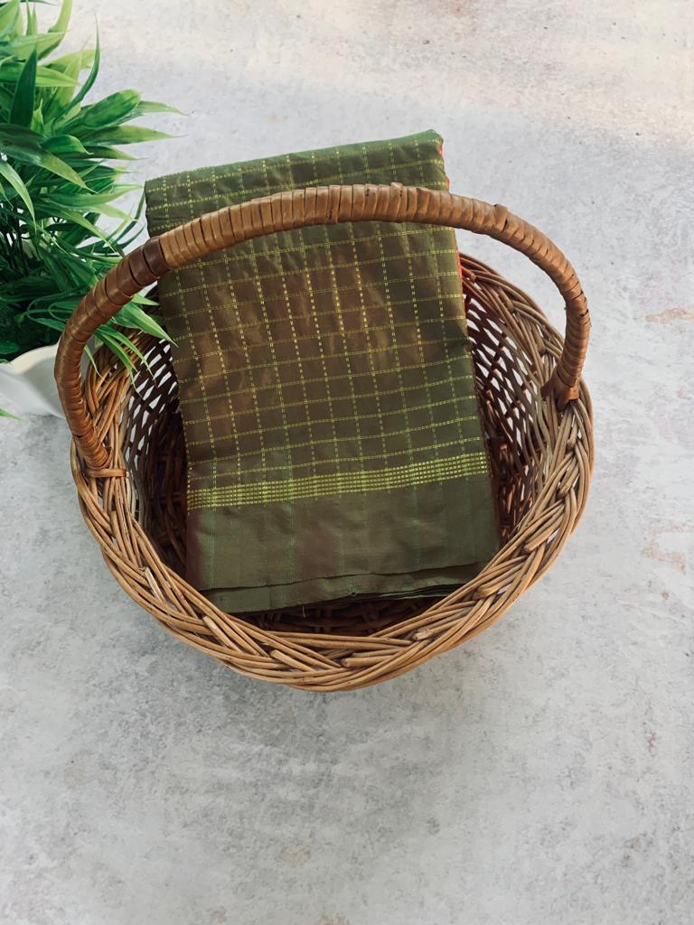 Noil Silk Checked Border sarees olive green color