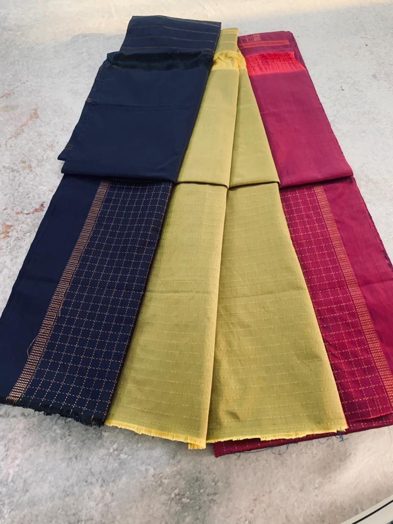 Noil Silk Checked Border sarees navy blue color