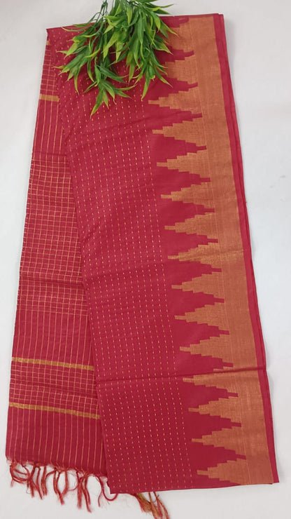 NVLCTB008-Linen cotton Temple border saree  Red Color