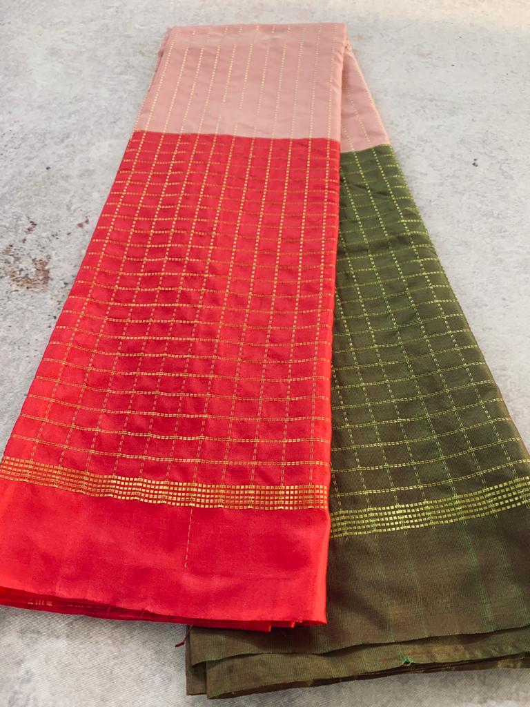 Noil Silk Checked Border sarees olive green color